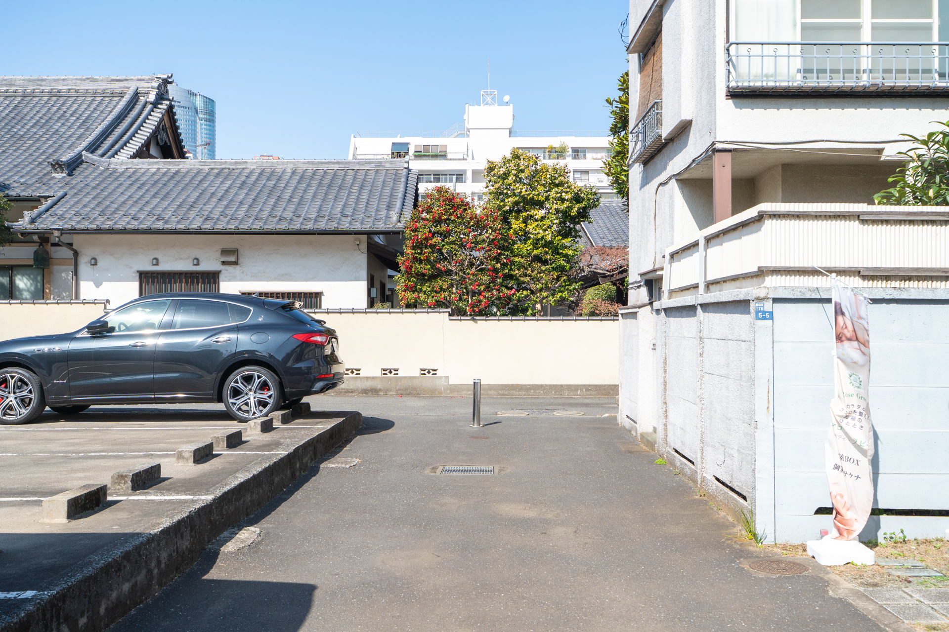 参道の入口にはポールが立てられており、車両通行止めになっています