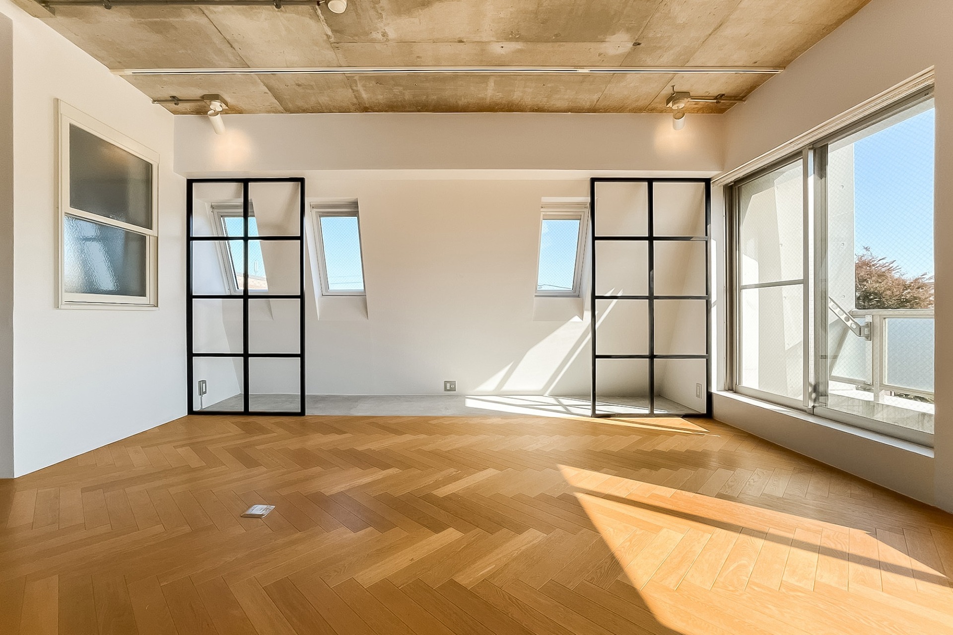 リビングの一角は天井の傾斜を逆手に取ったサンルーム