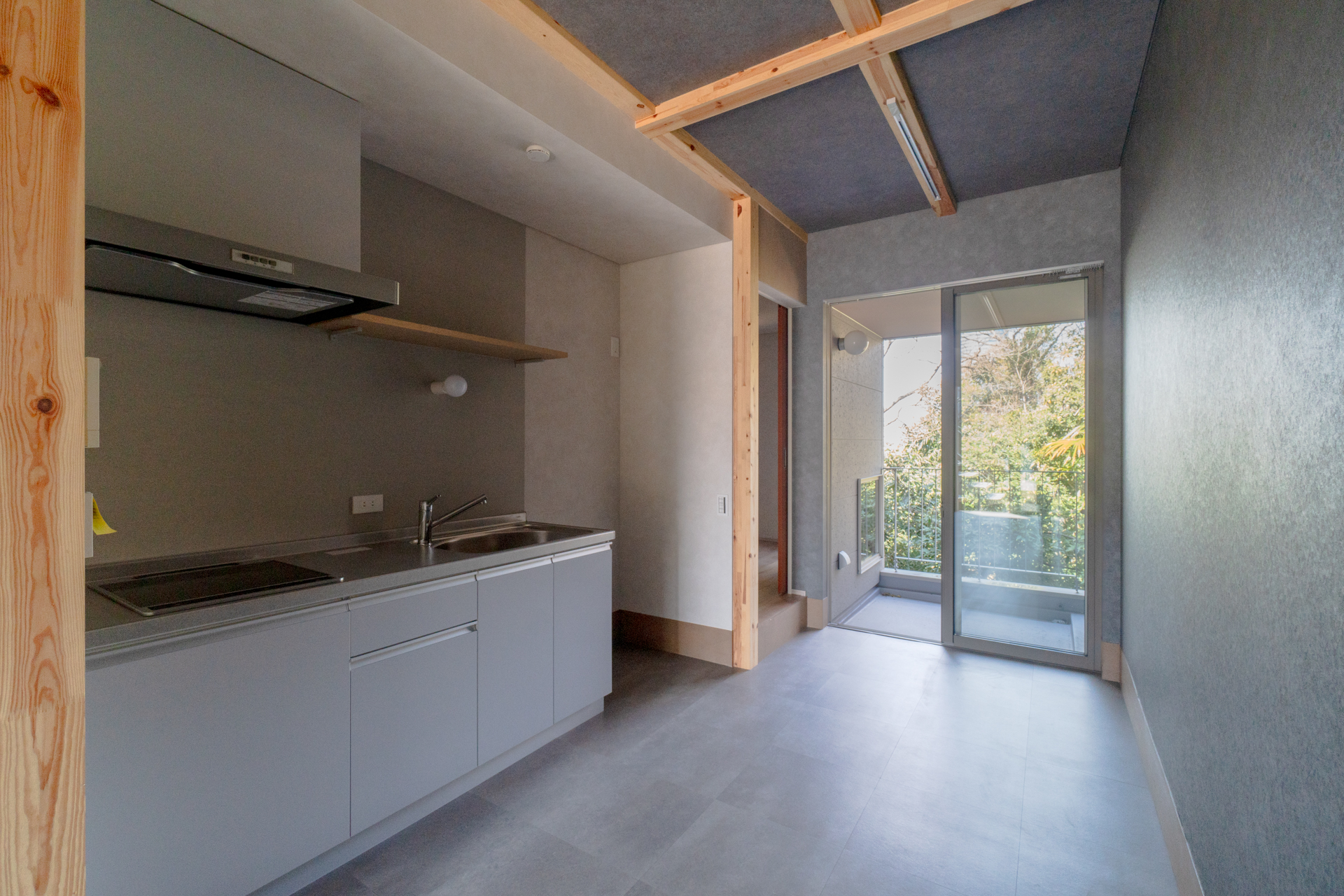 広いキッチンと奥の緑（M101号室）